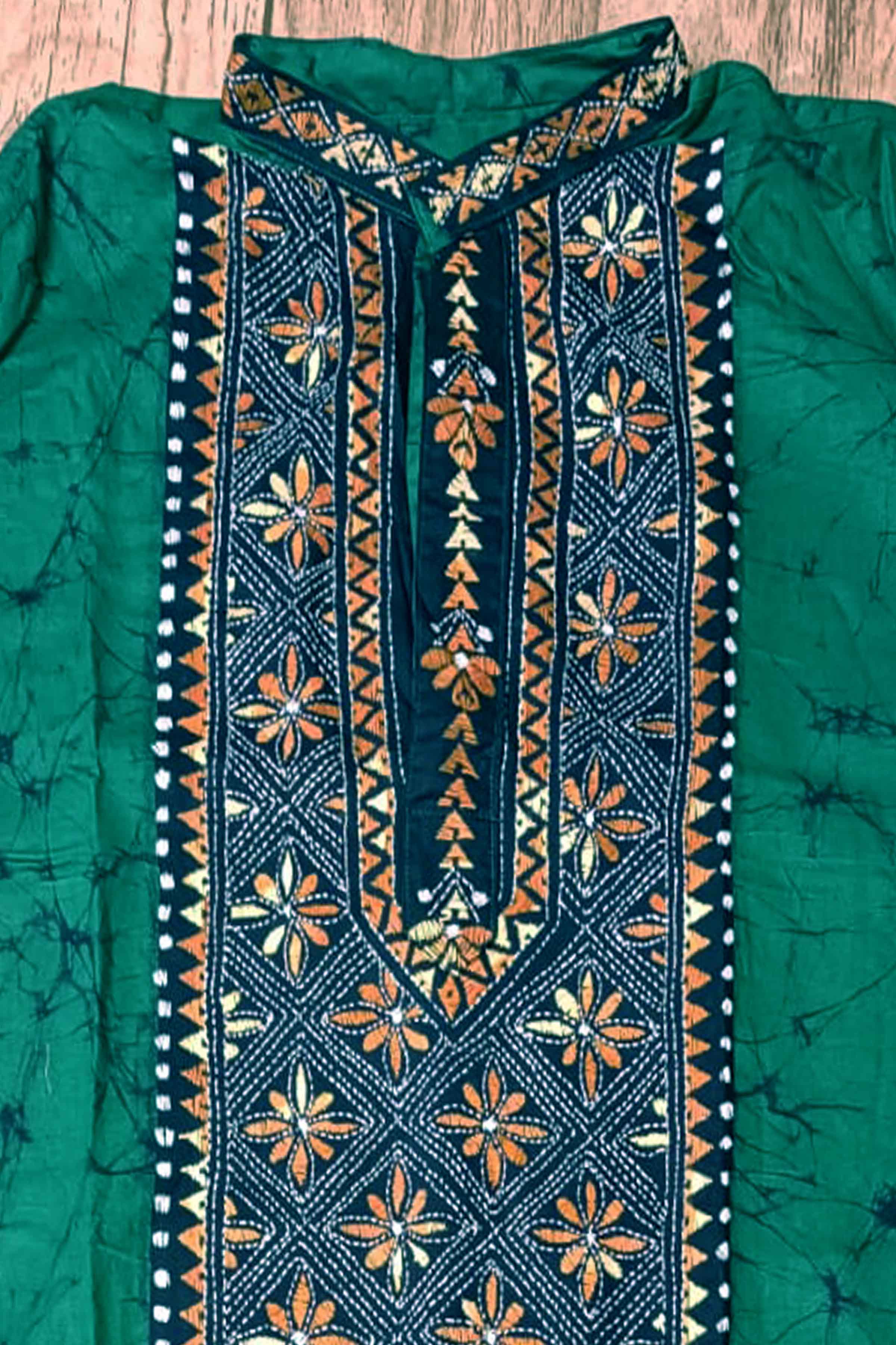 Green Pure Cotton Batik with Kantha Work (Hand Embroidery) Panjabi