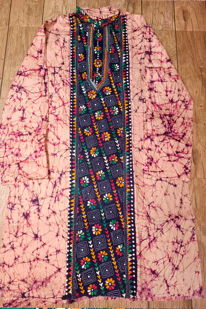 Pink Pure Cotton Batik with Kantha Work (Hand Embroidery) Panjabi