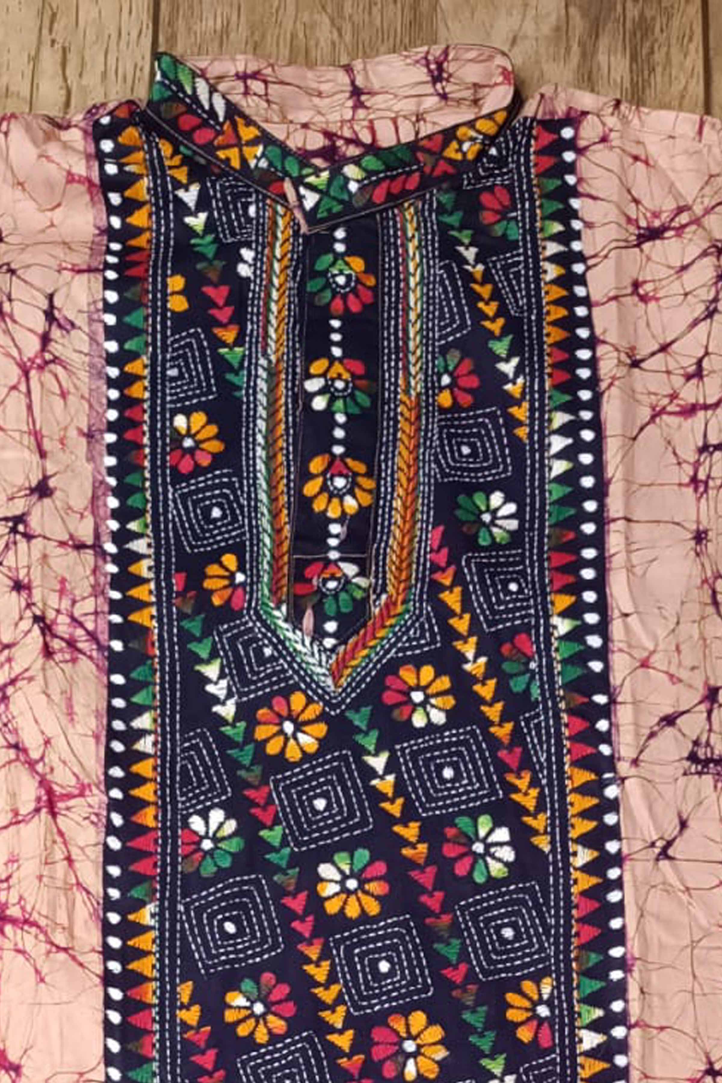 Pink Pure Cotton Batik with Kantha Work (Hand Embroidery) Panjabi