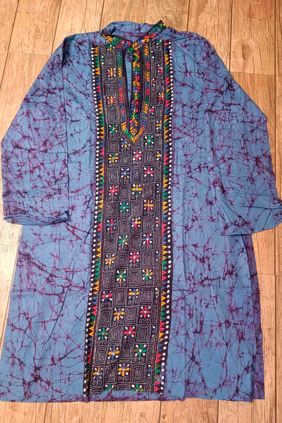 Blue Pure Cotton Batik with Kantha Work (Hand Embroidery) Panjabi