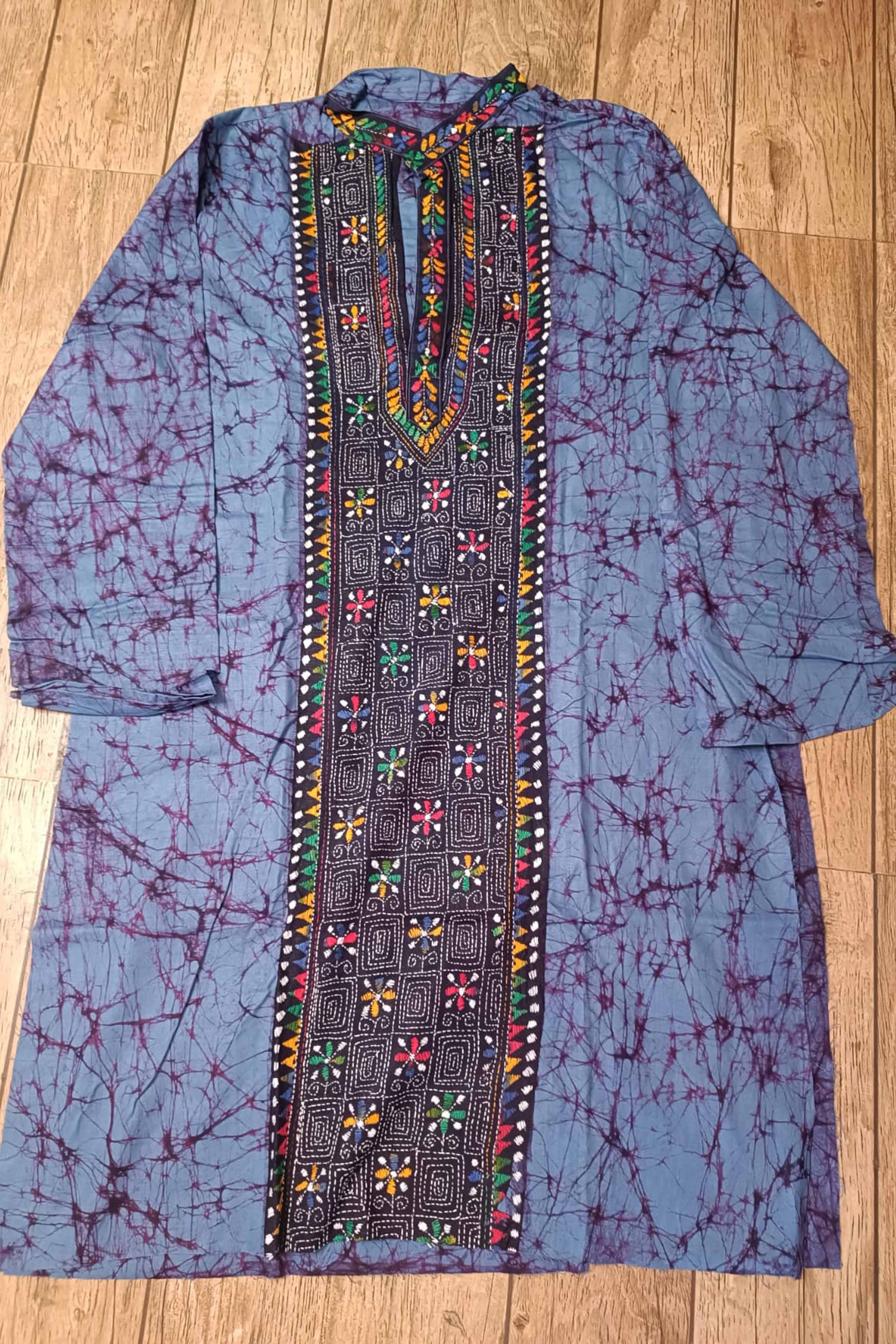 Blue Pure Cotton Batik with Kantha Work (Hand Embroidery) Panjabi