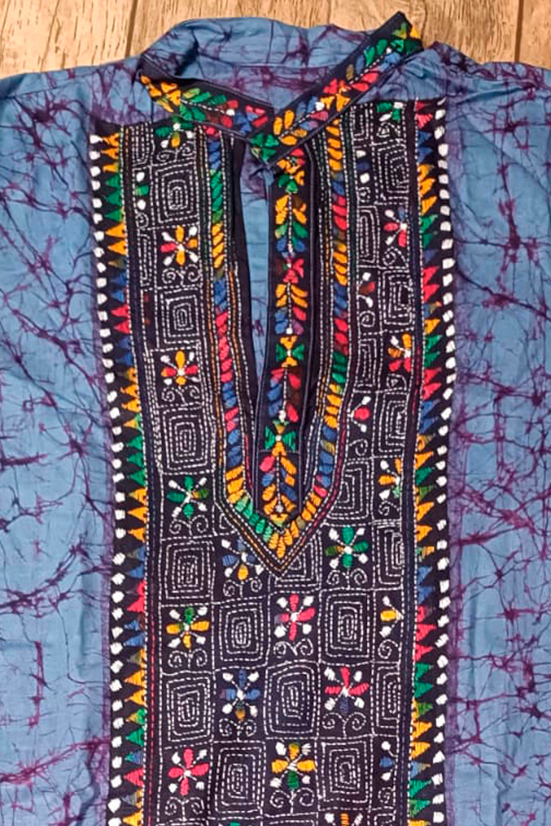 Blue Pure Cotton Batik with Kantha Work (Hand Embroidery) Panjabi