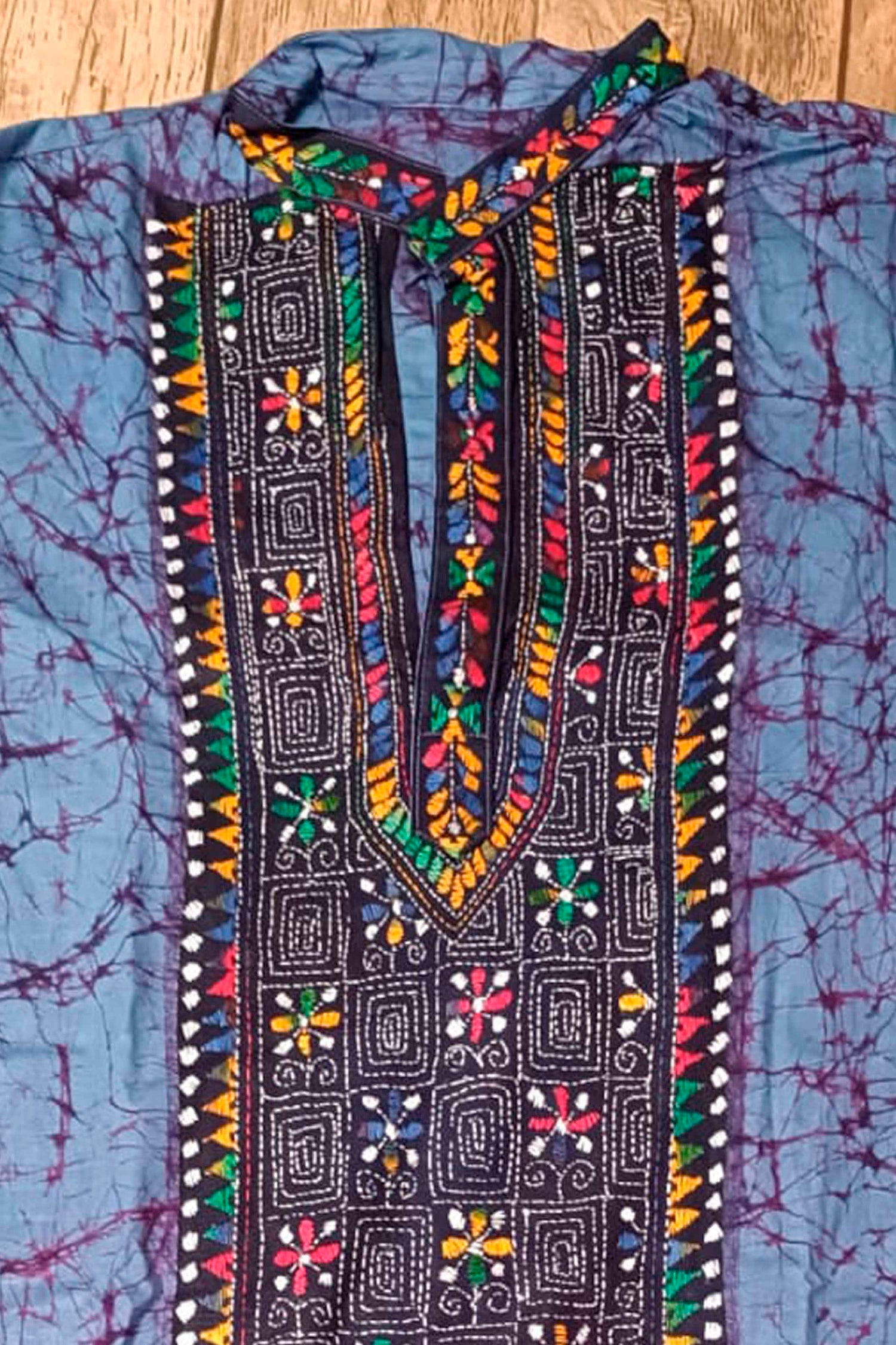 Blue Pure Cotton Batik with Kantha Work (Hand Embroidery) Panjabi