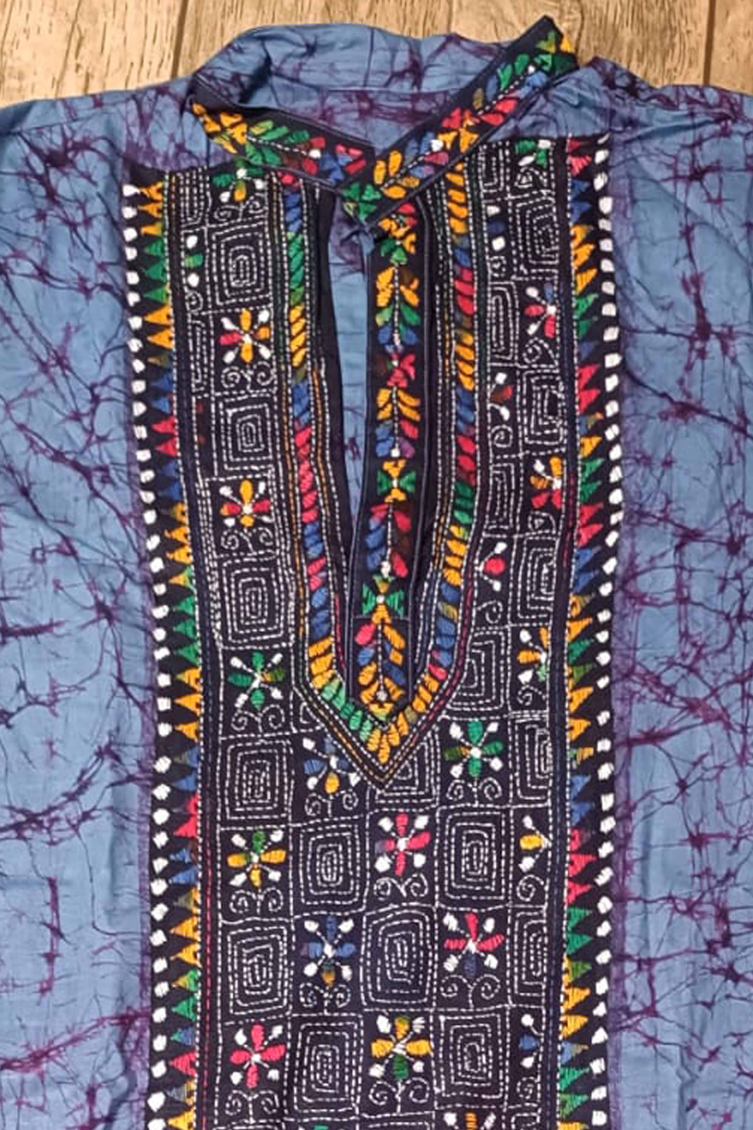 Blue Pure Cotton Batik with Kantha Work (Hand Embroidery) Panjabi