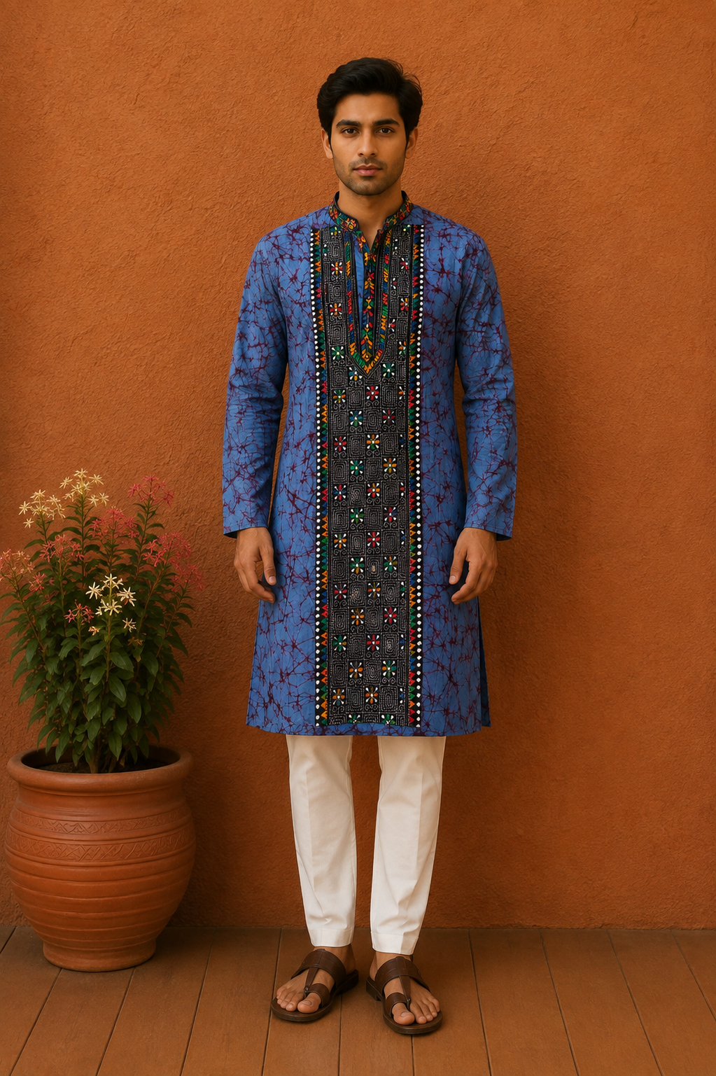 Blue Pure Cotton Batik with Kantha Work (Hand Embroidery) Panjabi