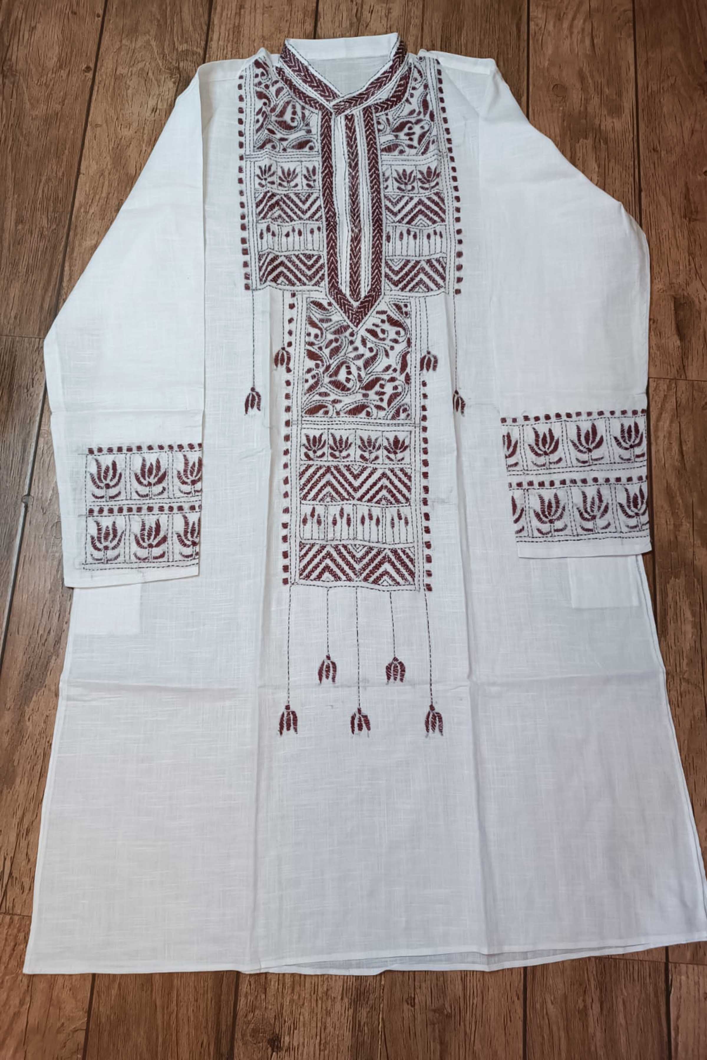 White Pure Cotton with Kantha Work (Hand Embroidery) Panjabi