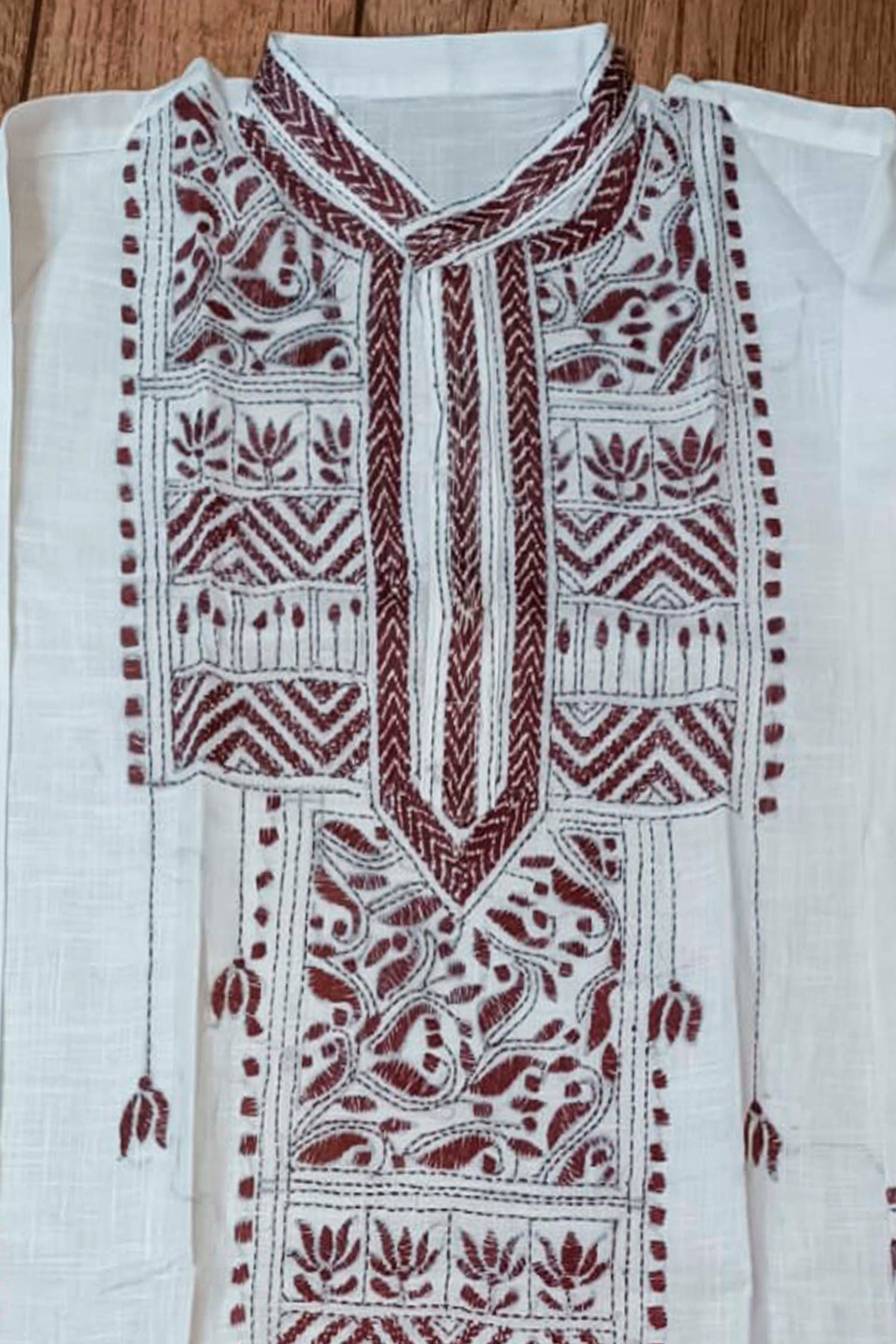 White Pure Cotton with Kantha Work (Hand Embroidery) Panjabi