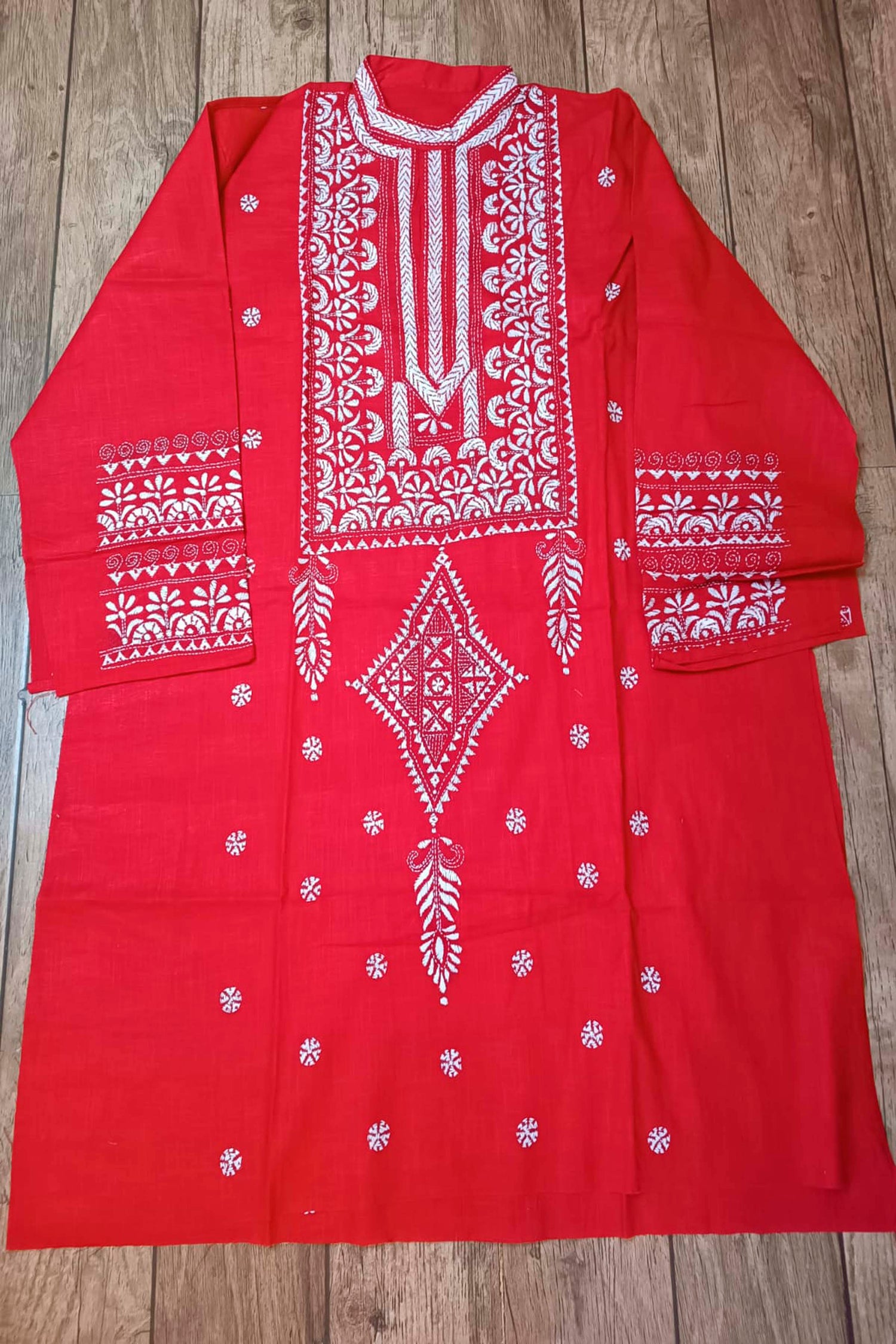 Red Pure Cotton with Kantha Work (Hand Embroidery) Panjabi