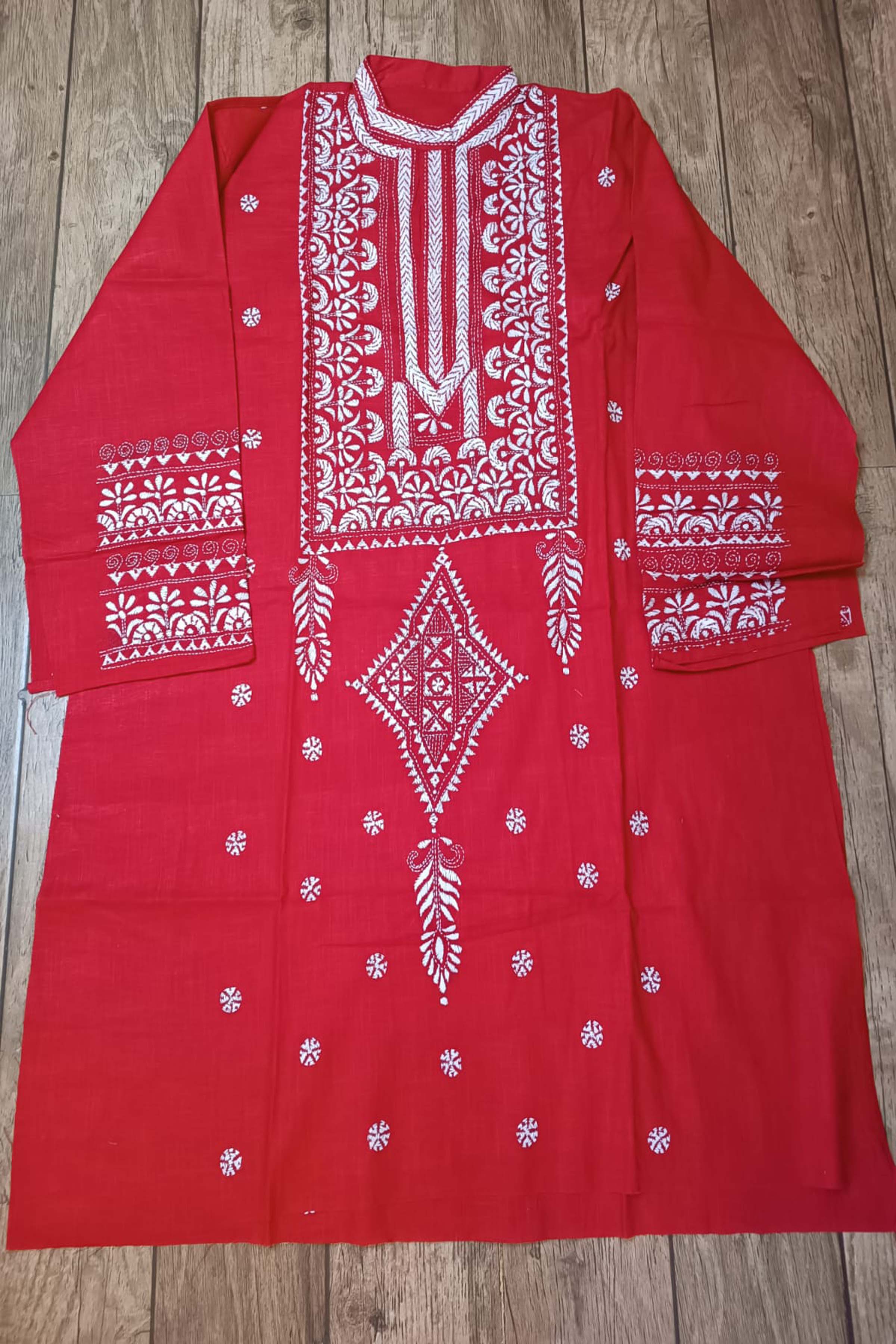 Red Pure Cotton with Kantha Work (Hand Embroidery) Panjabi