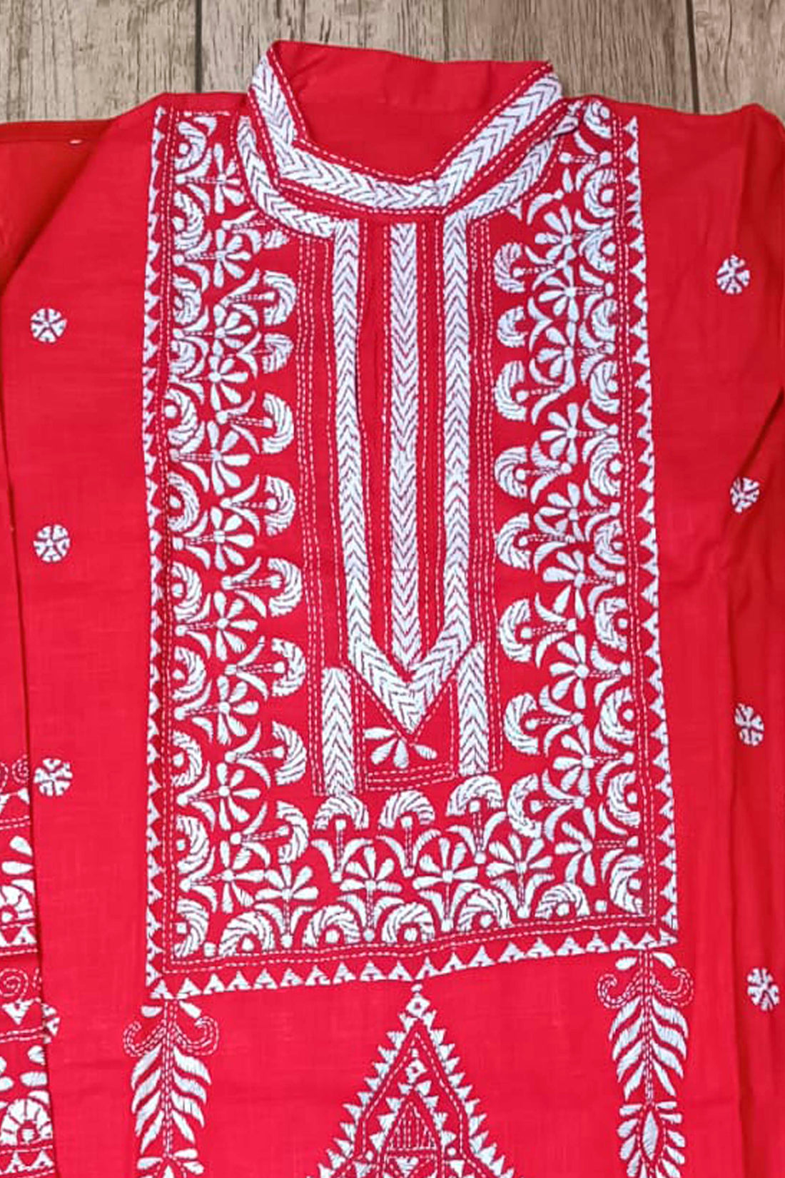 Red Pure Cotton with Kantha Work (Hand Embroidery) Panjabi