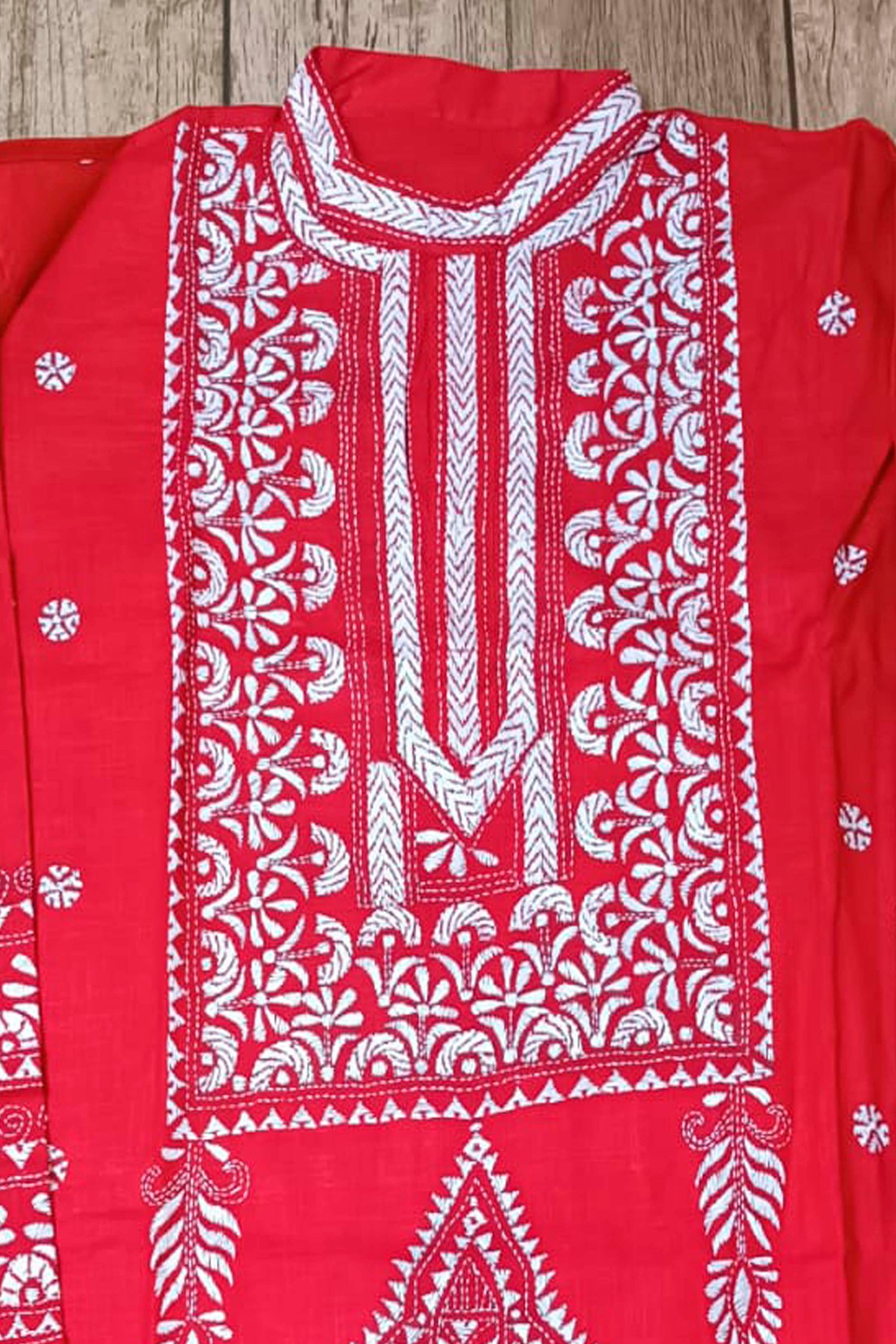 Red Pure Cotton with Kantha Work (Hand Embroidery) Panjabi