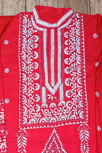 Red Pure Cotton with Kantha Work (Hand Embroidery) Panjabi