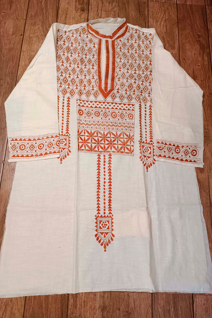 White Pure Cotton with Kantha Work (Hand Embroidery) Panjabi