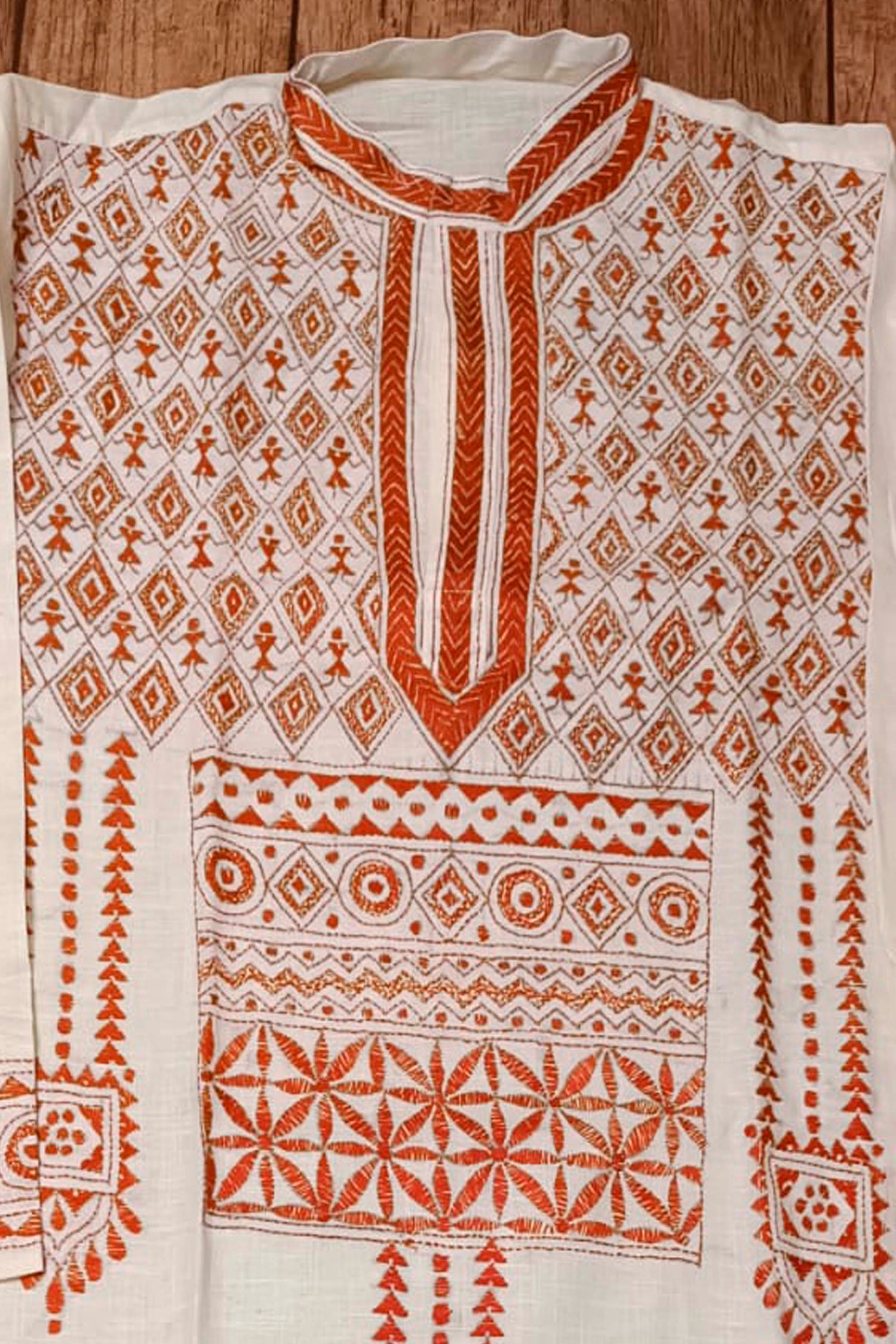 White Pure Cotton with Kantha Work (Hand Embroidery) Panjabi