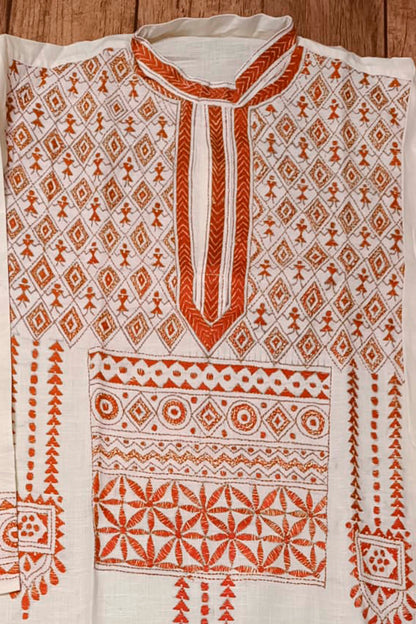 White Pure Cotton with Kantha Work (Hand Embroidery) Panjabi