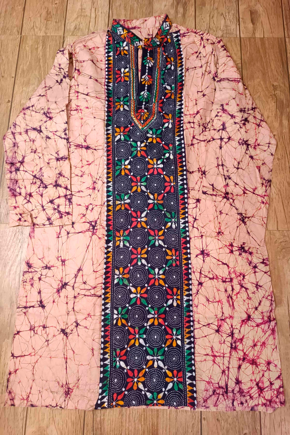 Pink Pure Cotton Batik with Kantha Work (Hand Embroidery) Panjabi