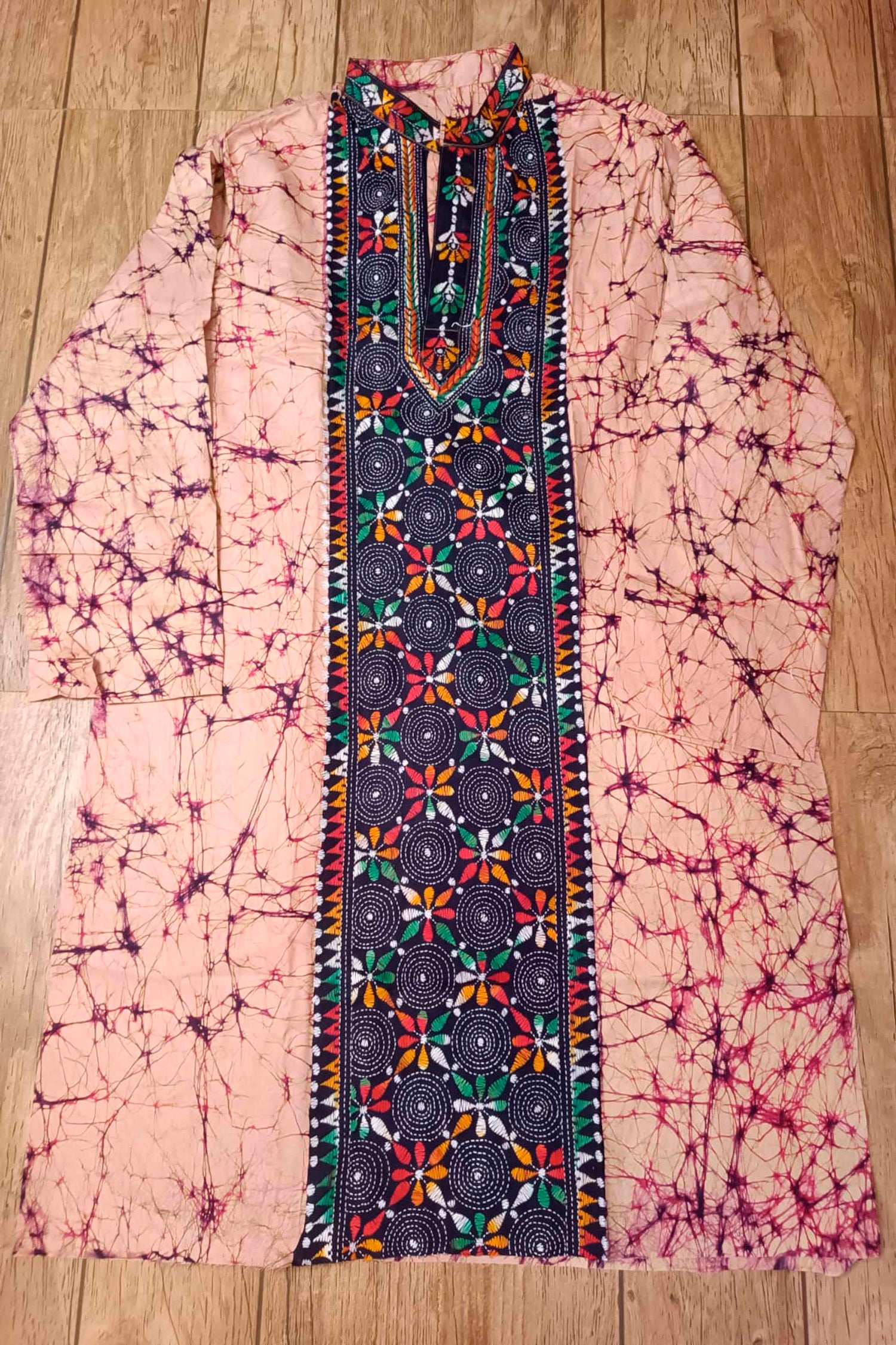 Pink Pure Cotton Batik with Kantha Work (Hand Embroidery) Panjabi