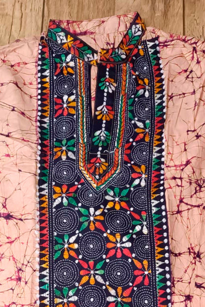 Pink Pure Cotton Batik with Kantha Work (Hand Embroidery) Panjabi