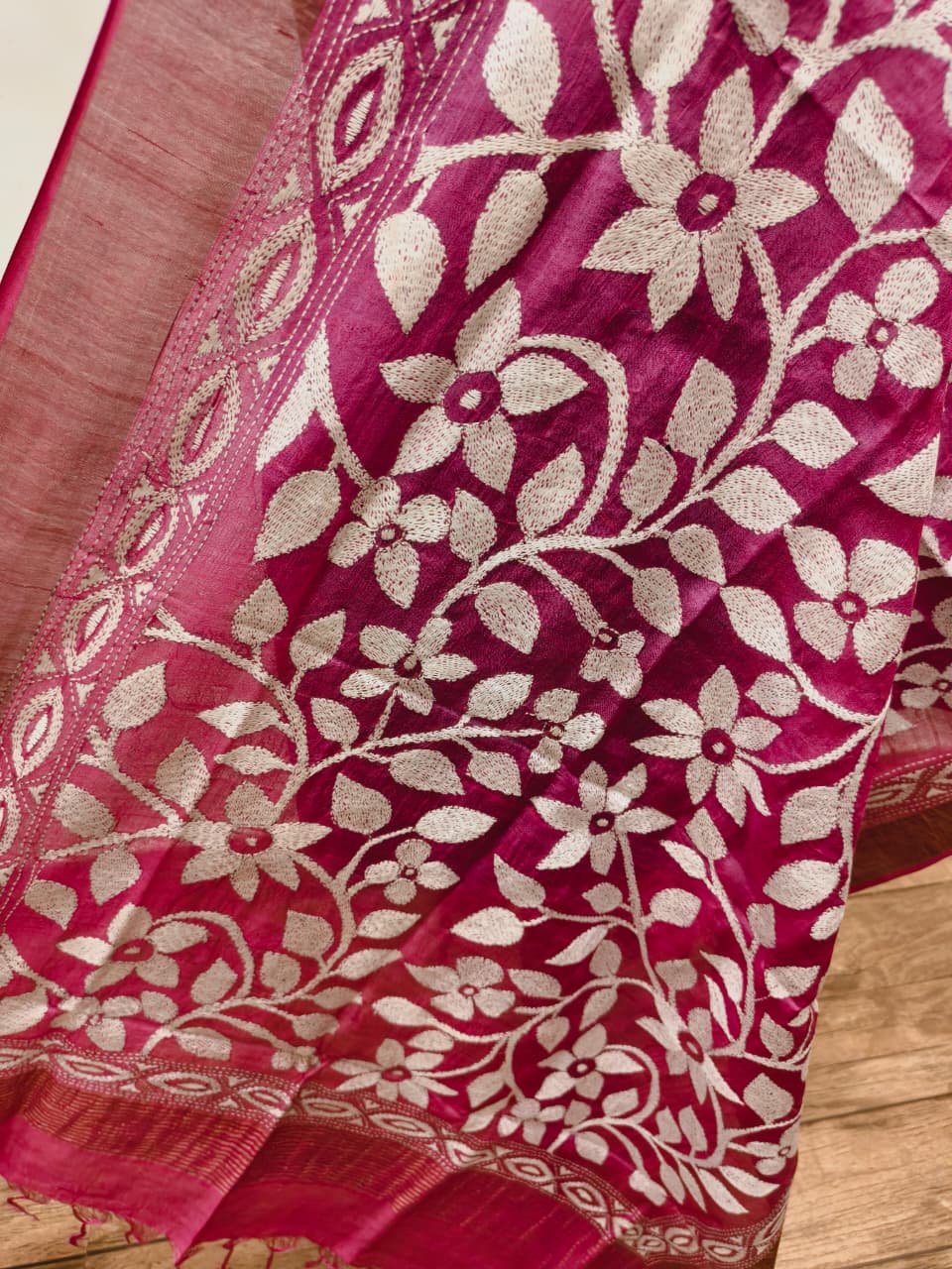 Zari Border Pure Tussar Kantha Stitch Dupatta SN26KD28