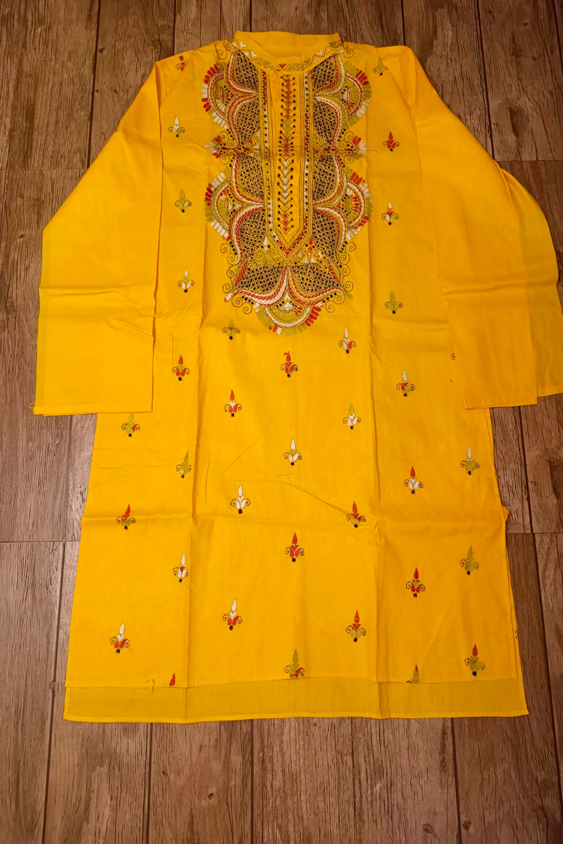 Yellow Pure Cotton with Kantha Work (Hand Embroidery) Panjabi