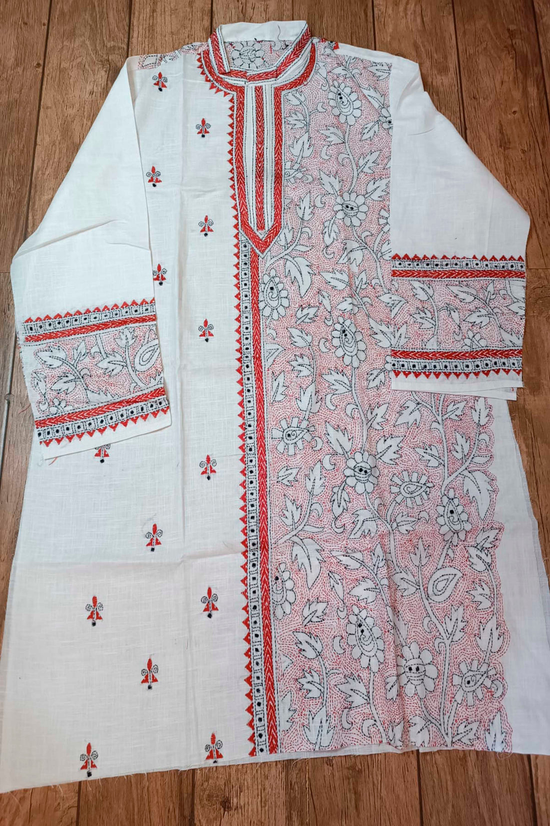 White Pure Cotton with Kantha Work (Hand Embroidery) Panjabi