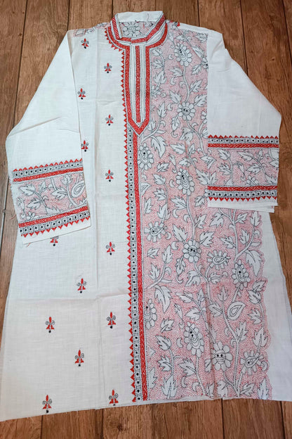 White Pure Cotton with Kantha Work (Hand Embroidery) Panjabi