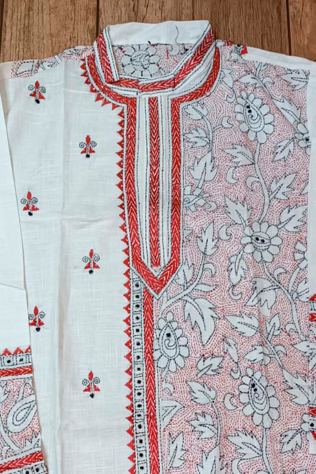White Pure Cotton with Kantha Work (Hand Embroidery) Panjabi
