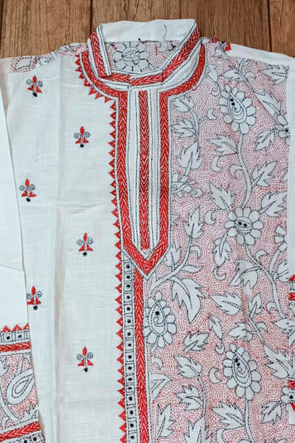 White Pure Cotton with Kantha Work (Hand Embroidery) Panjabi