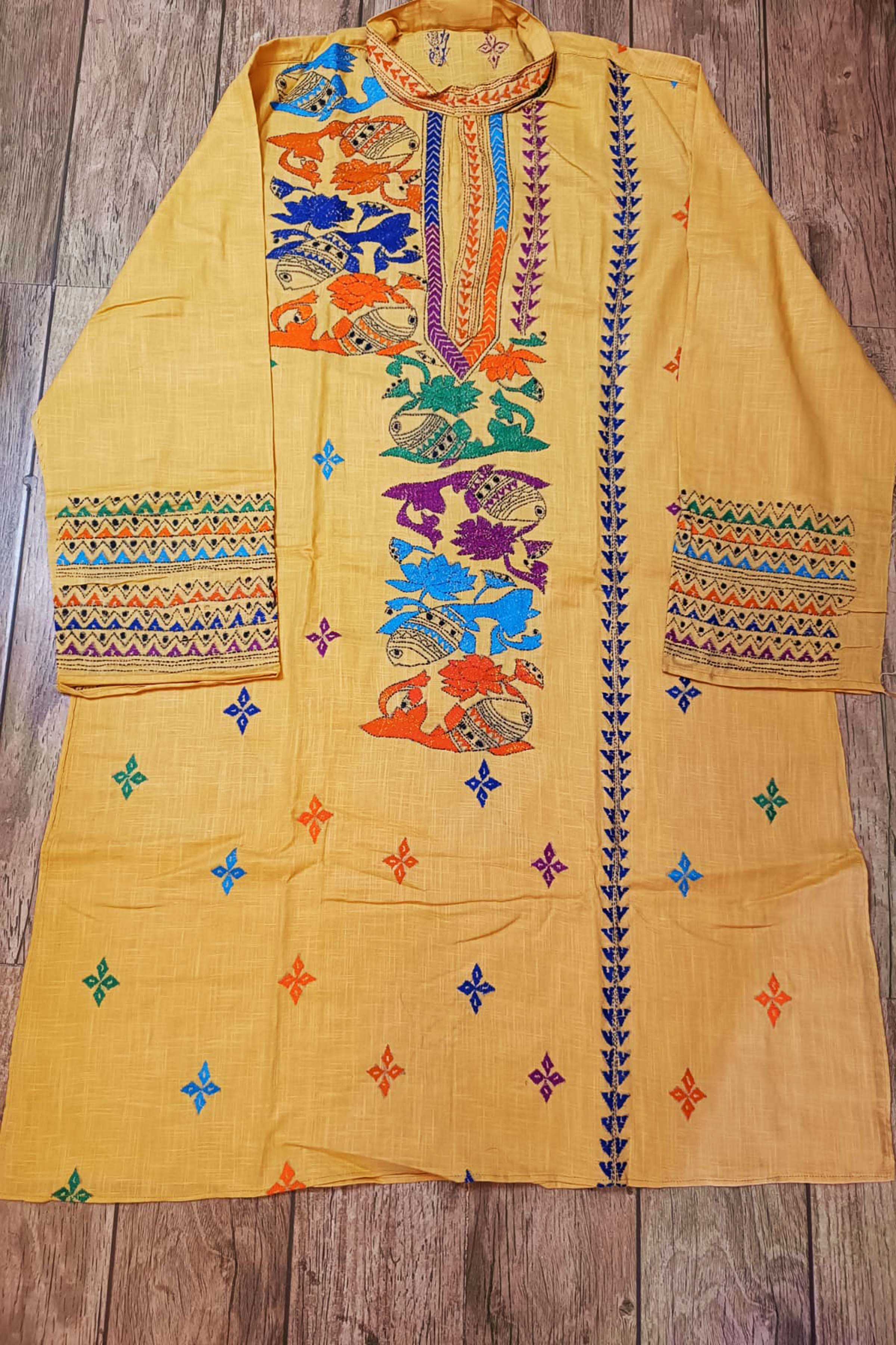 Yellow Pure Cotton with Kantha Work (Hand Embroidery) Panjabi
