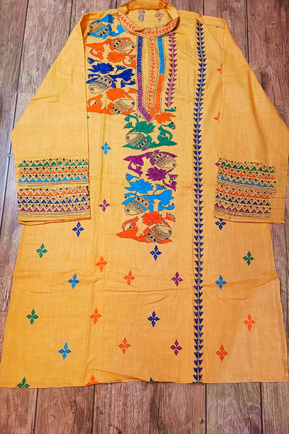 Yellow Pure Cotton with Kantha Work (Hand Embroidery) Panjabi