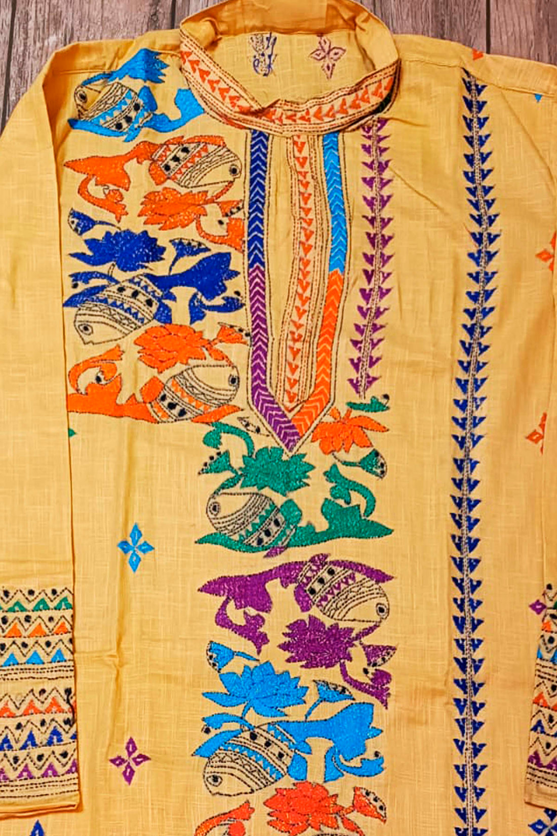 Yellow Pure Cotton with Kantha Work (Hand Embroidery) Panjabi