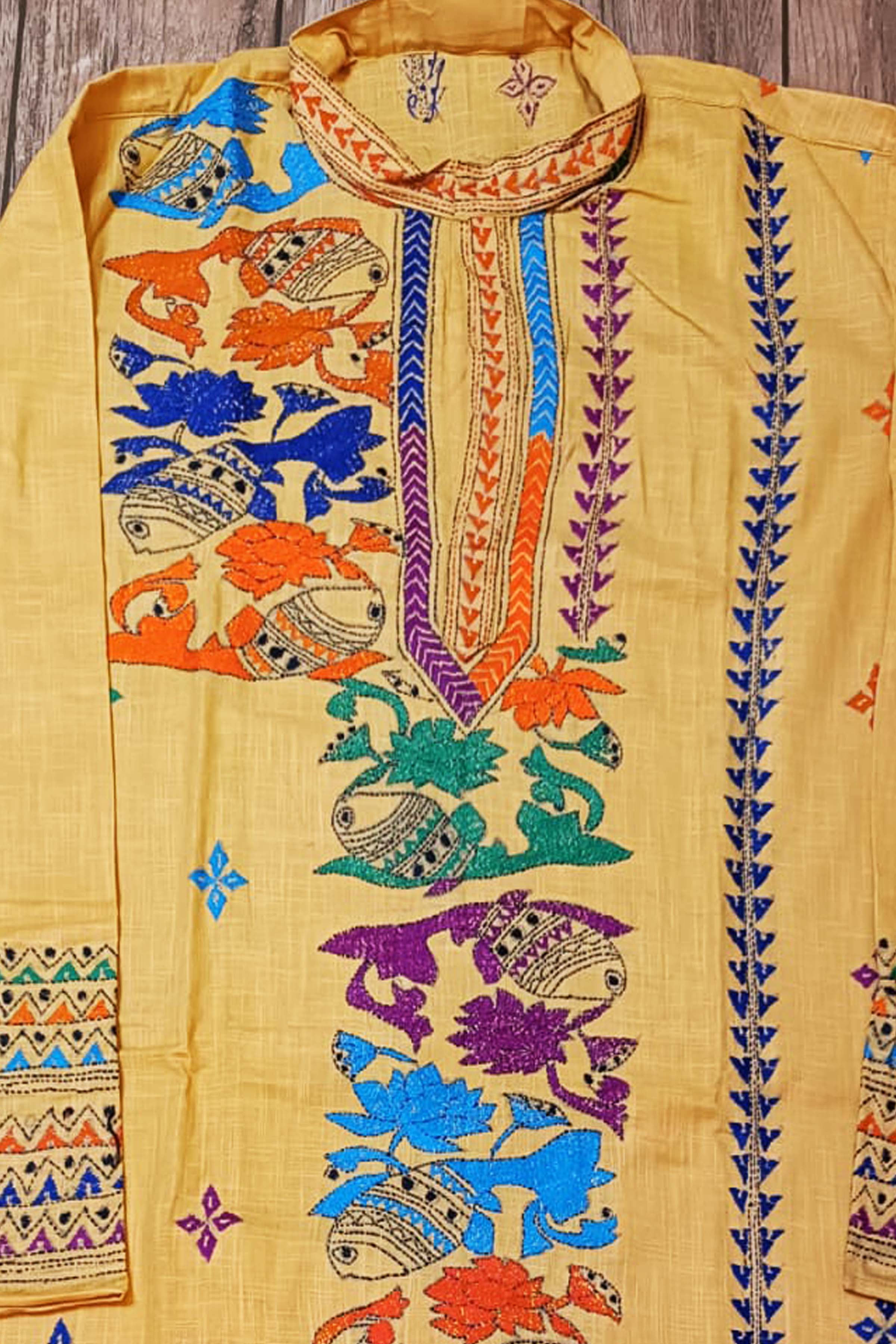 Yellow Pure Cotton with Kantha Work (Hand Embroidery) Panjabi