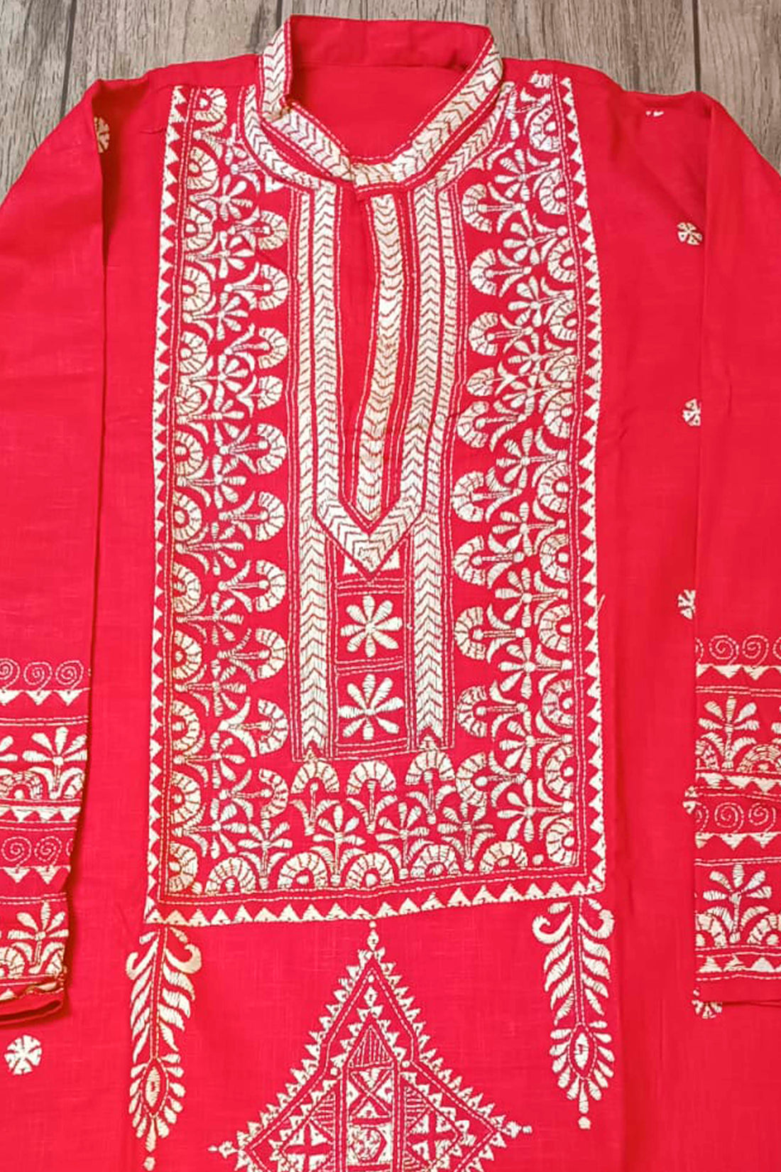 Red Pure Cotton with Kantha Work (Hand Embroidery) Panjabi