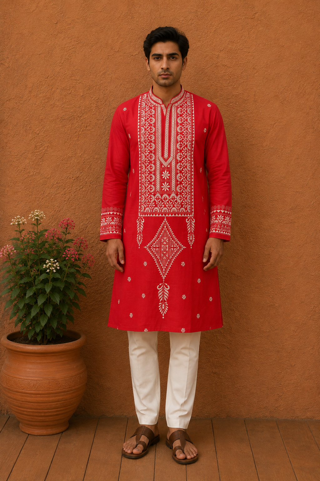Red Pure Cotton with Kantha Work (Hand Embroidery) Panjabi