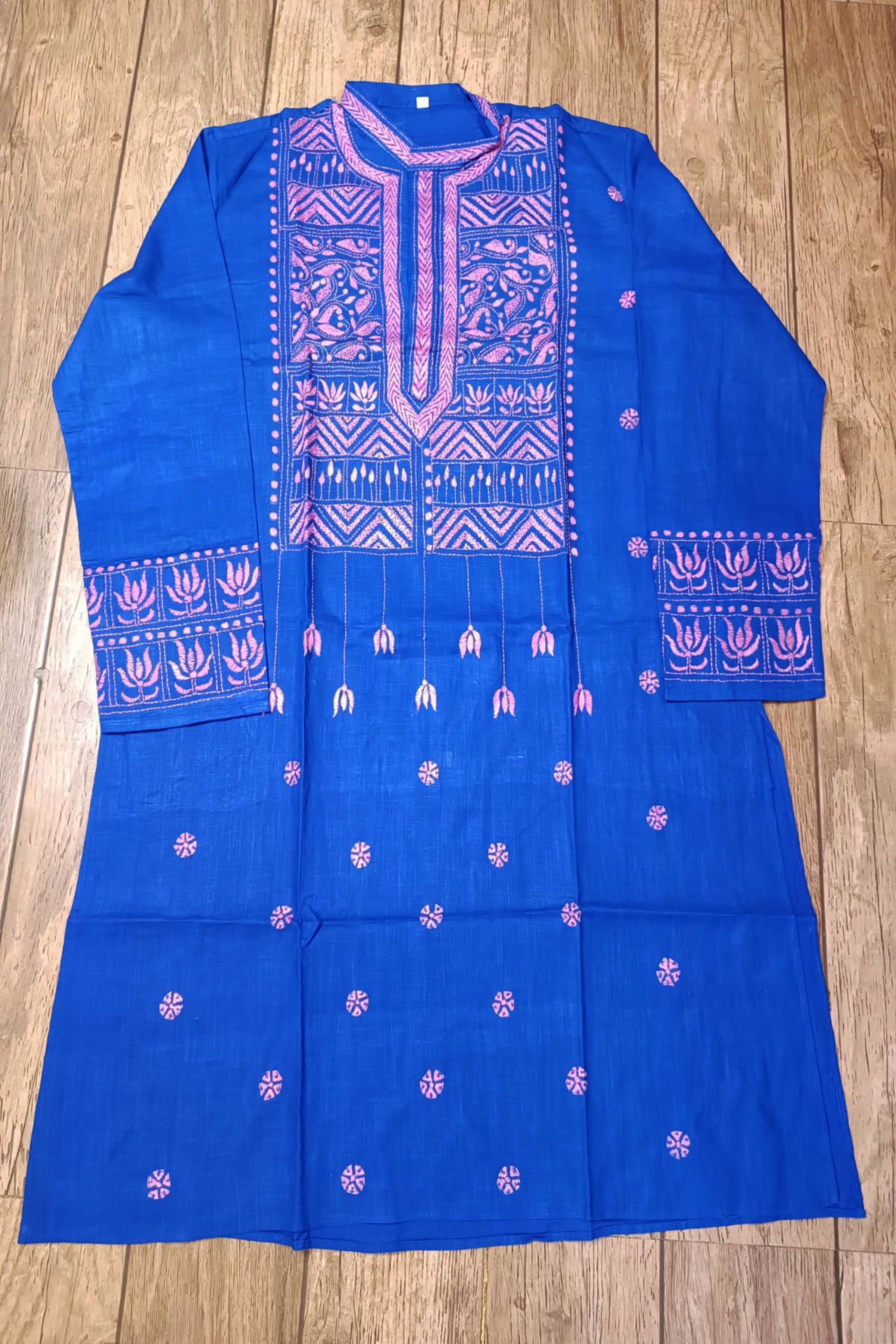 Blue Pure Cotton with Kantha Work (Hand Embroidery) Panjabi