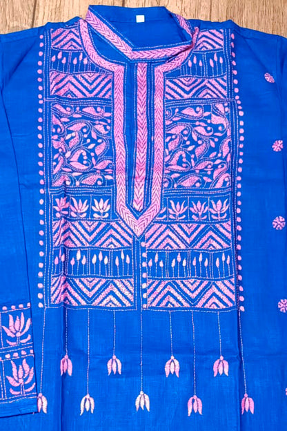 Blue Pure Cotton with Kantha Work (Hand Embroidery) Panjabi