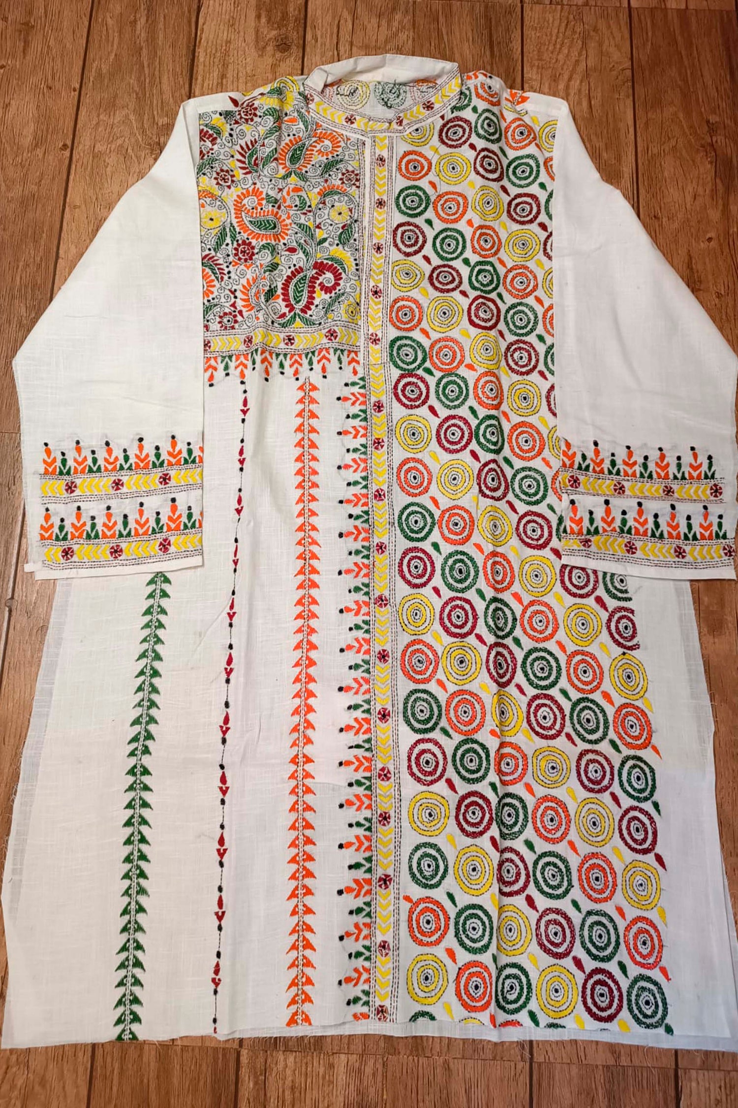 White Pure Cotton with Kantha Work (Hand Embroidery) Panjabi