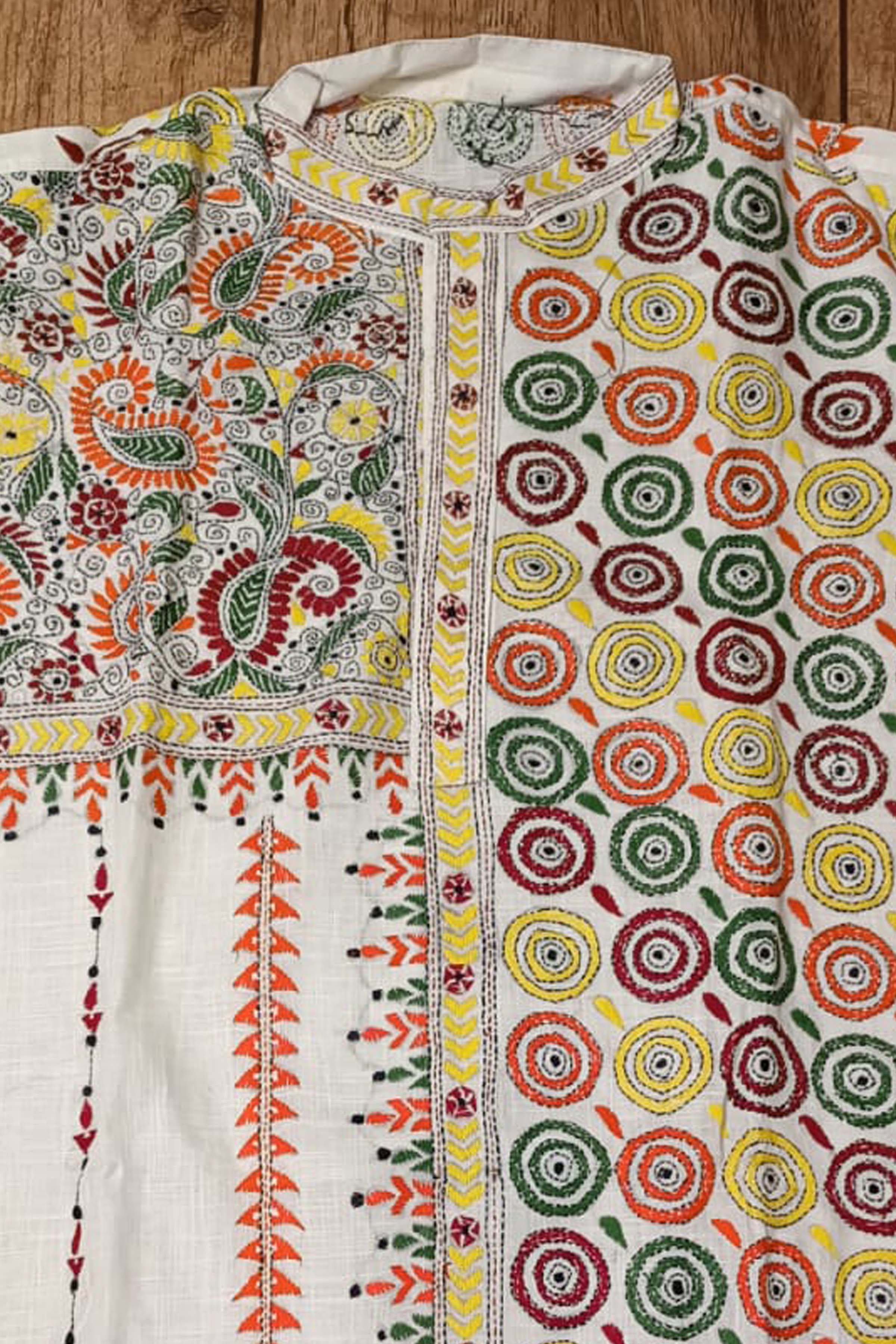 White Pure Cotton with Kantha Work (Hand Embroidery) Panjabi