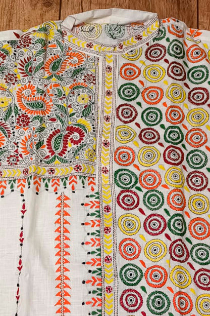 White Pure Cotton with Kantha Work (Hand Embroidery) Panjabi