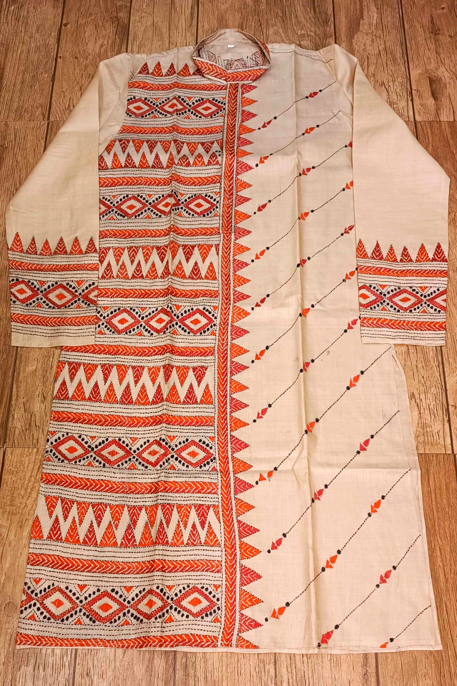 Beige Pure Tussar with Kantha Work (Hand Embroidery) Panjabi