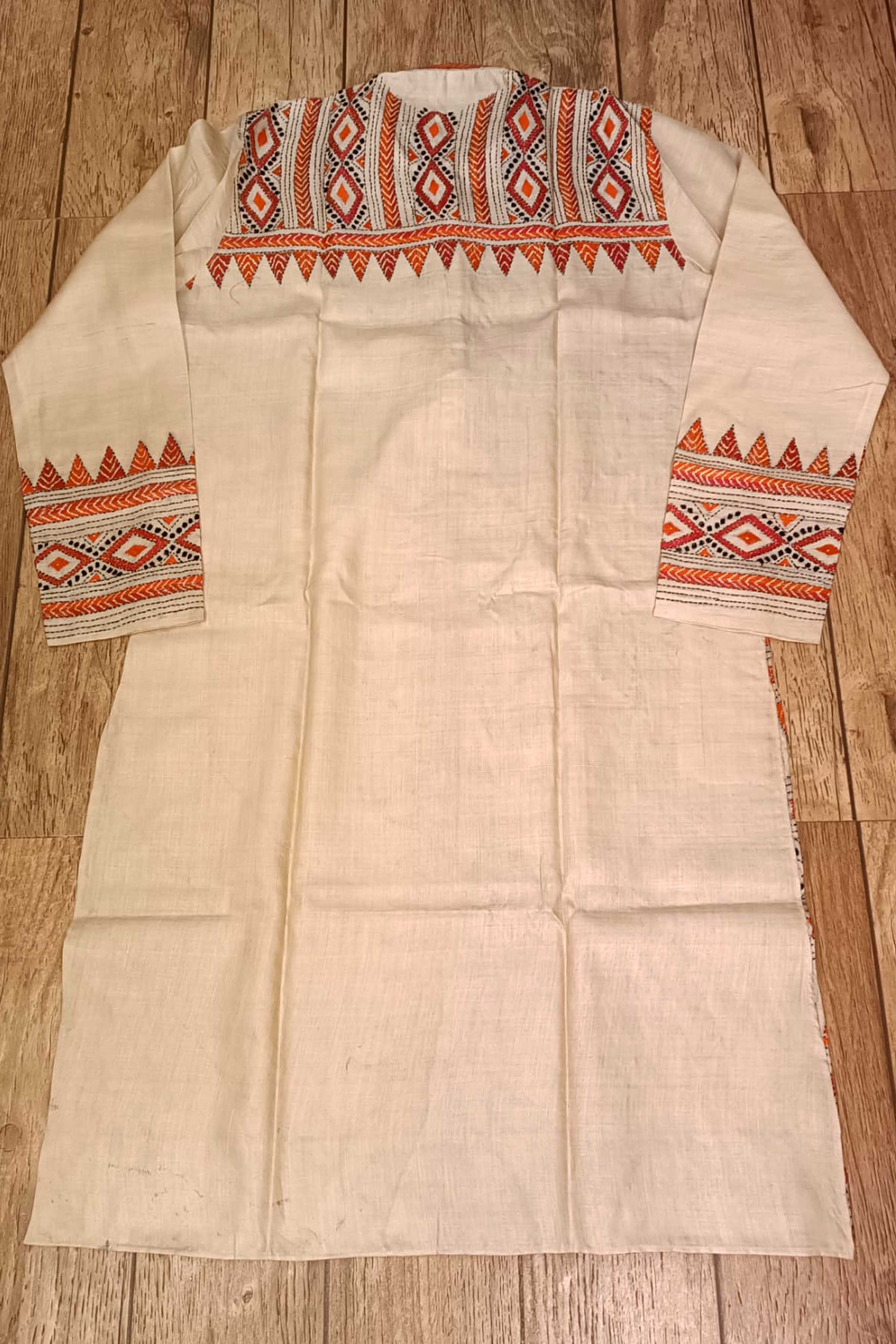 Beige Pure Tussar with Kantha Work (Hand Embroidery) Panjabi