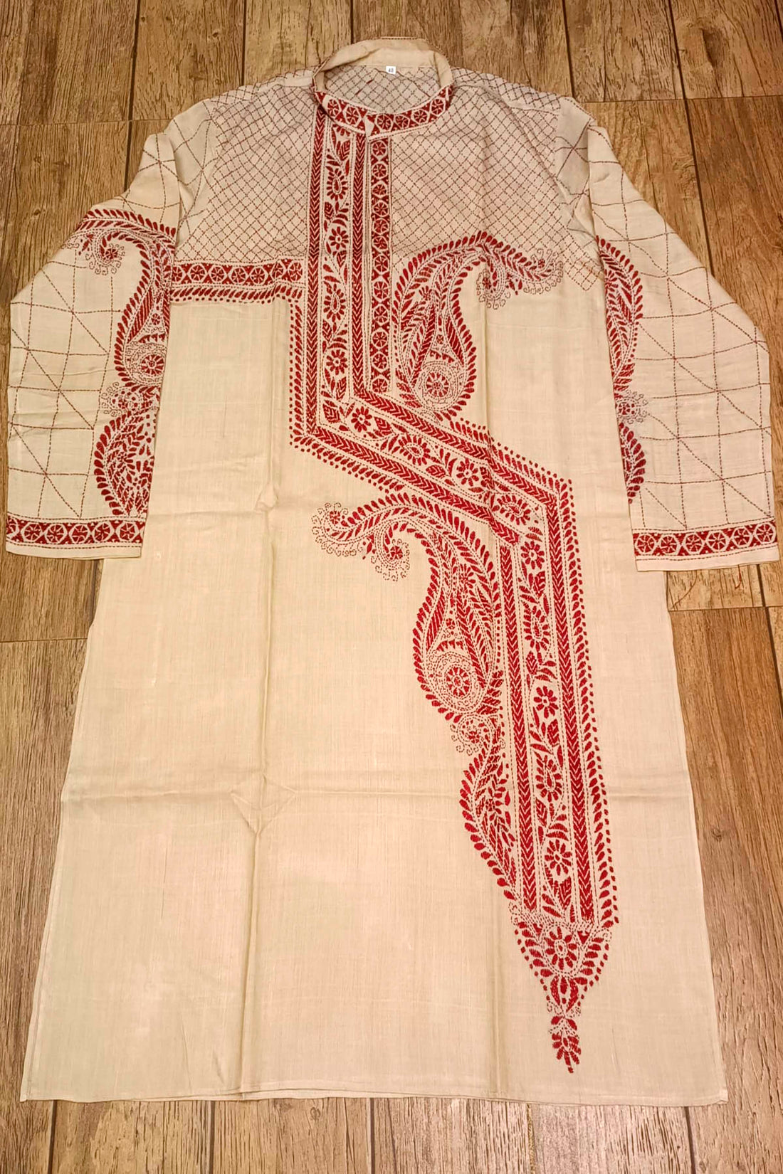 Beige Pure Tussar with Kantha Work (Hand Embroidery) Panjabi