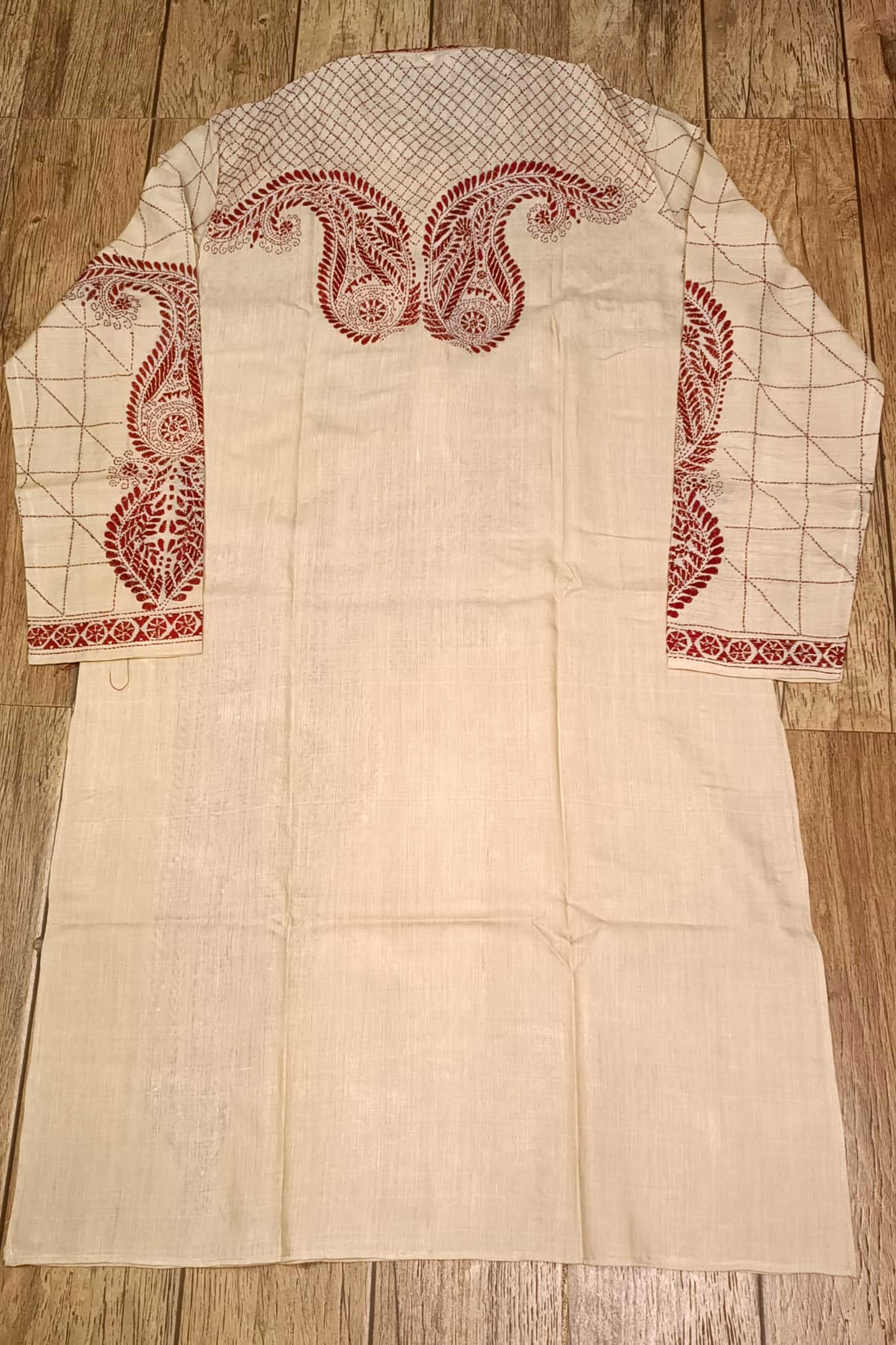 Beige Pure Tussar with Kantha Work (Hand Embroidery) Panjabi