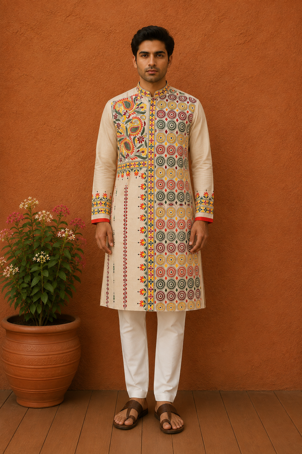 Beige Pure Tussar with Kantha Work (Hand Embroidery) Panjabi