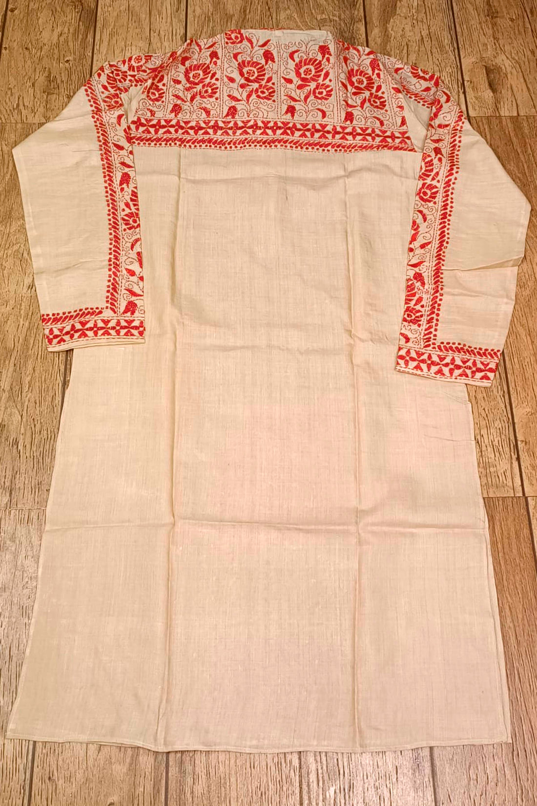 Beige Pure Tussar with Kantha Work (Hand Embroidery) Panjabi