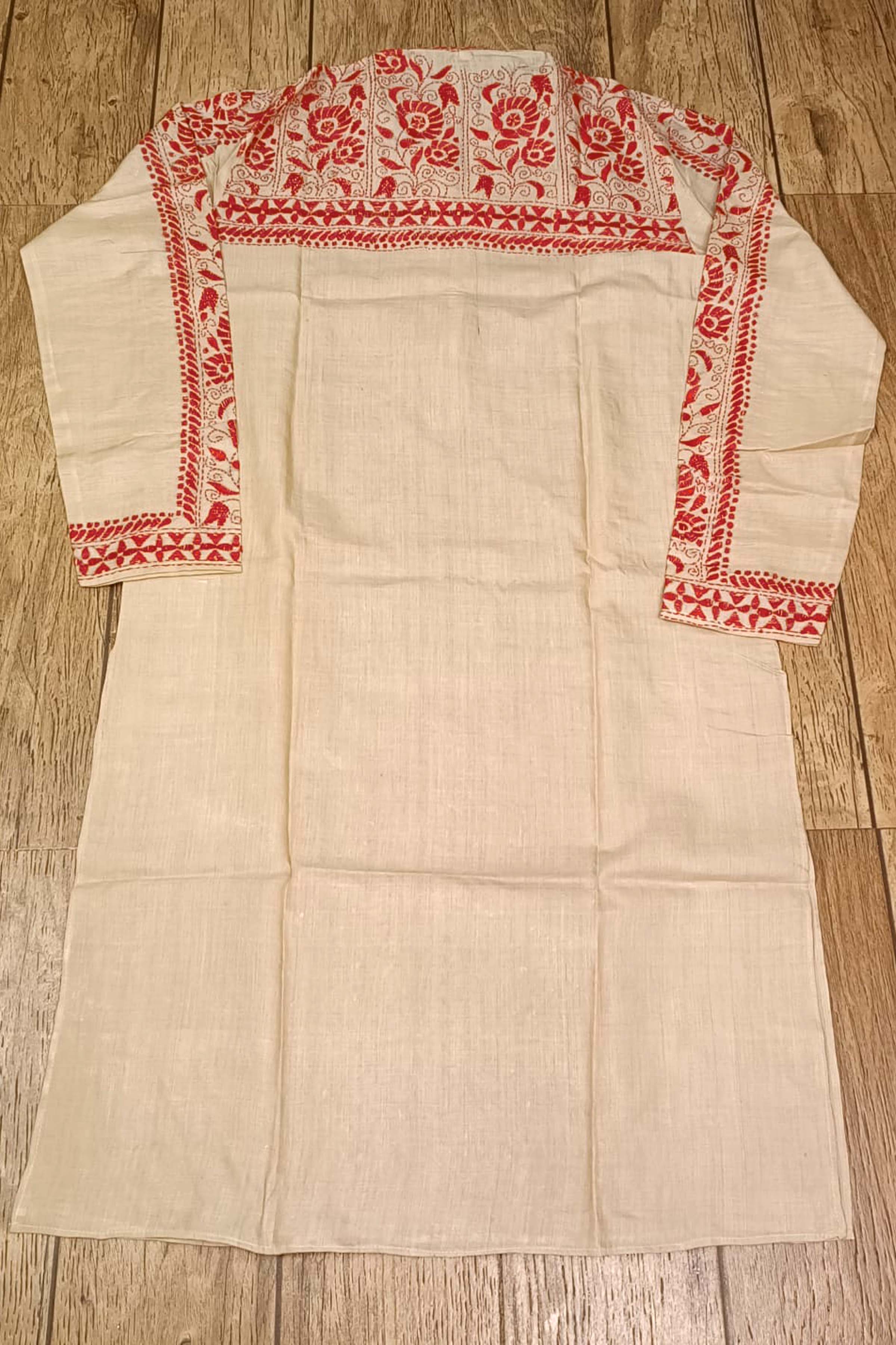 Beige Pure Tussar with Kantha Work (Hand Embroidery) Panjabi