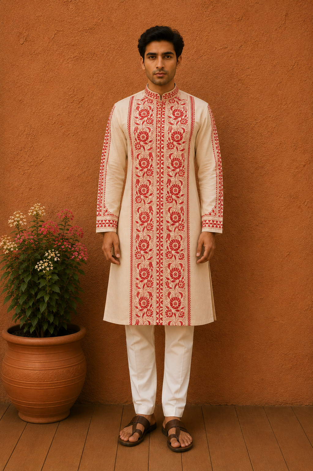 Beige Pure Tussar with Kantha Work (Hand Embroidery) Panjabi