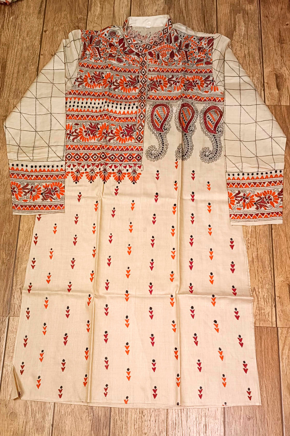 Beige Pure Tussar with Kantha Work (Hand Embroidery) Panjabi