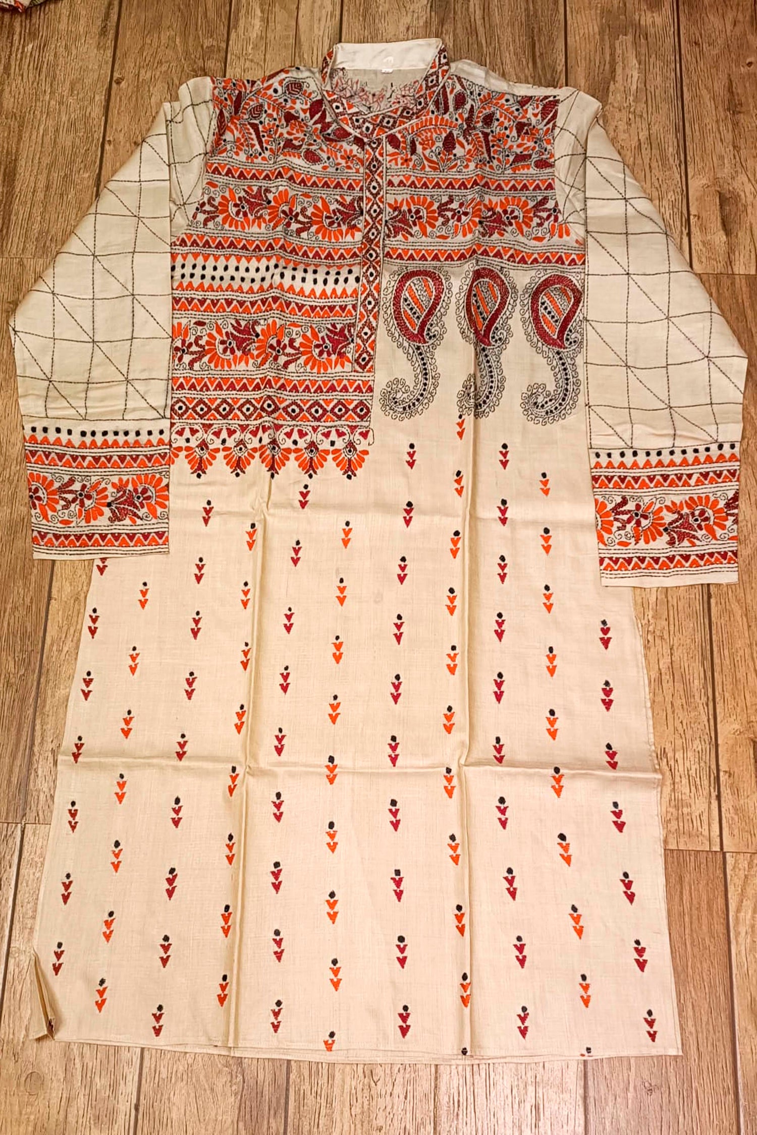 Beige Pure Tussar with Kantha Work (Hand Embroidery) Panjabi