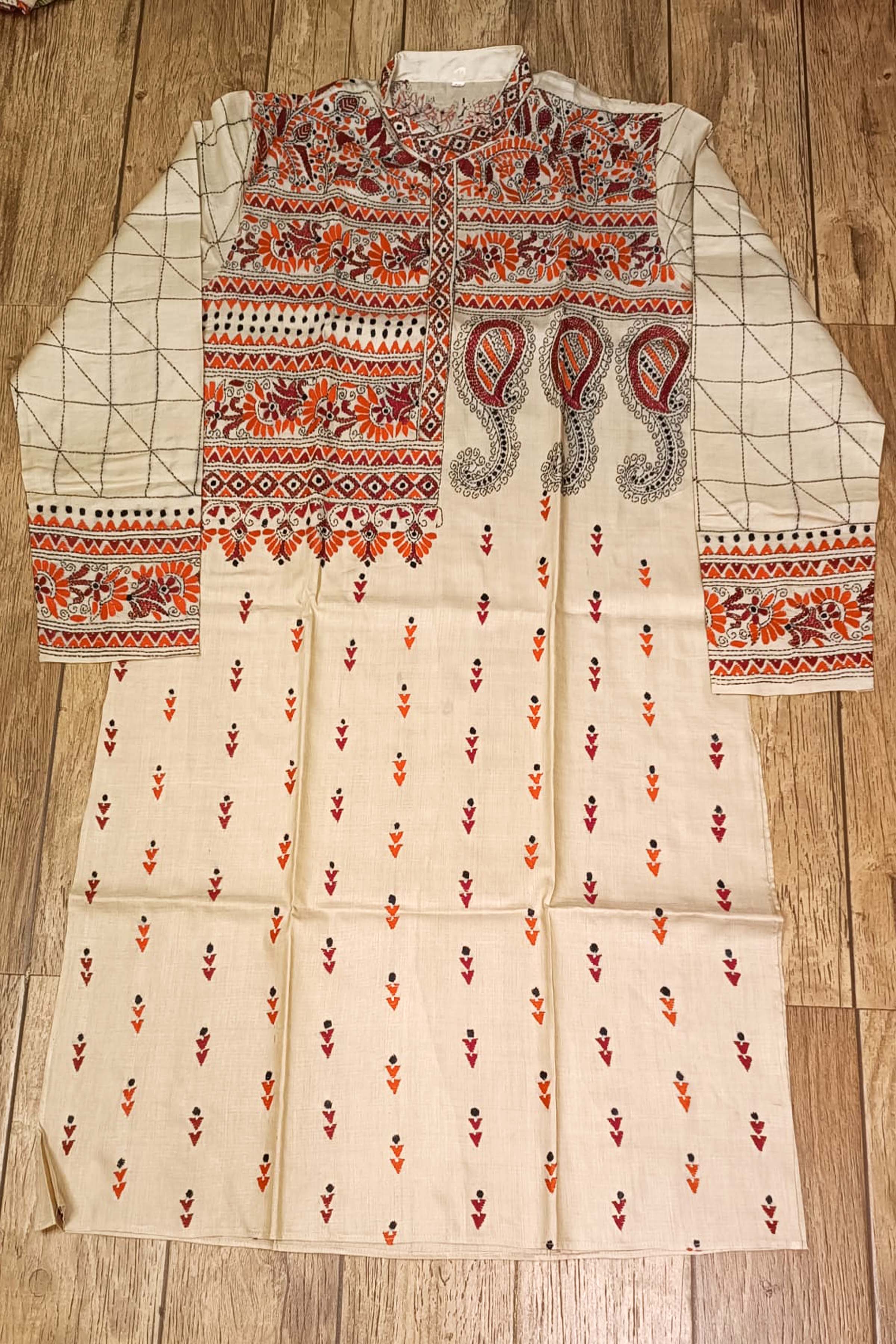 Beige Pure Tussar with Kantha Work (Hand Embroidery) Panjabi